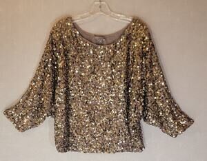 Vince Antique Gold Sequin Dolman Sleeve Top Metallic Party Womens Medium M